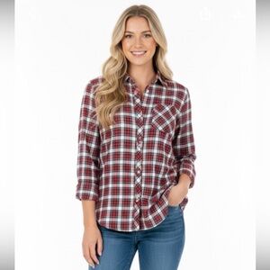 Purdey Red and Black Plaid Button-Up Shirt size 14 wool and cotton blend fabric